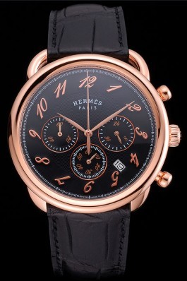 Hermes Arceau Black Dial Gold Case Black Leather Strap