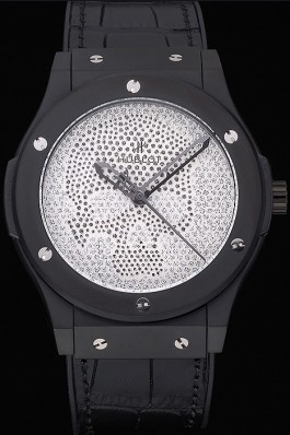 Hublot Classic Fusion Diamond Skull Dial Black Steel Case Black Leather Strap 622815