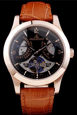 Jaeger Top Replica 8268 Strap Le Coultre Master Control Tourbillon Black Dial Brown Leather Strap