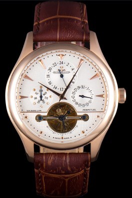 Jaeger Lecoultre Tourbillon Perpetuel Gold Bezel Brown Leather Band 621618