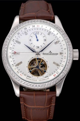 Jaeger-LeCoultre Master Tourbillon Dualtime White Dial Steel Case With Diamonds Brown Leather Strap 622781