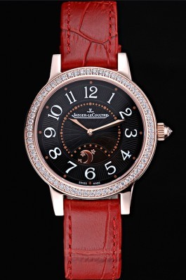 Jaeger LeCoultre Rendez-Vous Black Dial Red Leather Strap Diamond Bezel 622083
