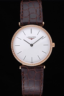 Longines La Grande Classique Diamond Bezel White Dial Brown Leather Strap Homme 622113