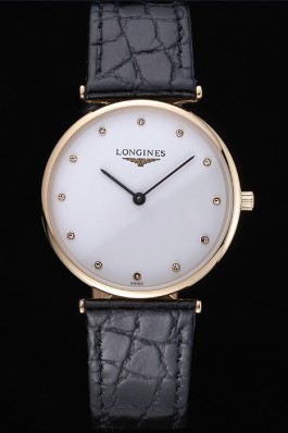 Longines La Grande Classique White Dial Black Leather Strap Diamond Markers Homme 622117