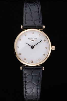 Longines La Grande Classique White Dial Black Leather Strap Diamond Markers Femme 622118