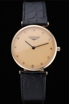 Longines La Grande Classique Champagne Dial Black Leather Band Diamond Markers Homme 622121