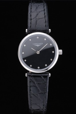 Longines La Grande Classique Black Dial Black Leather Band Diamond Markers Femme 622130