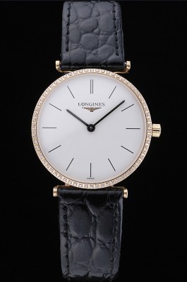 Longines La Grande Classique White Dial Diamond Bezel Black Leather Band Homme 622134