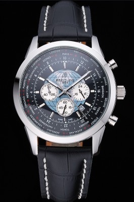 Breitling Transocean Chronograph Unitime Black Dial Stainless Steel Case Black Leather Bracelet 622242