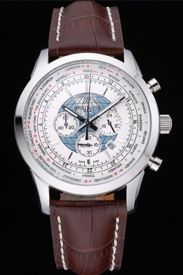 Breitling Transocean Chronograph Unitime White Dial Stainless Steel Case Brown Leather Bracelet 622244