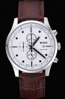 Mido Multifort Cronograph All White & Black Dial Brown Leather Strap 622183