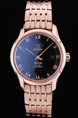 Omega Swiss DeVille Rose Gold Bezel Roman Numbers Black Dial 7608