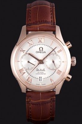 Omega DeVille Rose Gold Bezel with White Dial and Brown Leather Strap 621570