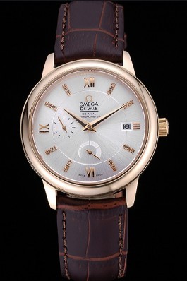 Omega DeVille Prestige Silver Dial Gold Case Diamonds Numerals Brown Leather Bracelet 622592