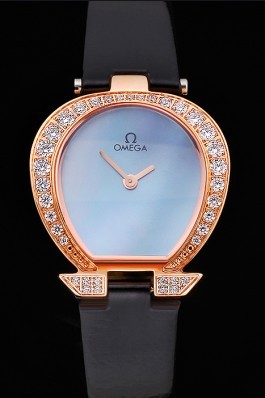 Omega Ladies Watch Blue Dial Gold Case With Diamonds Black Leather Strap 622830