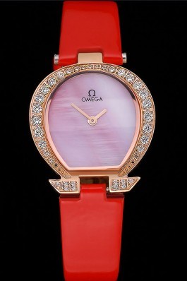 Omega Ladies Watch Pink Dial Gold Case With Diamonds Red Leather Strap 622831