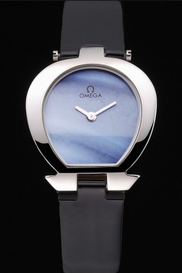 Omega Ladies Watch Sky Blue Dial Stainless Steel Case Black Leather Strap 622819