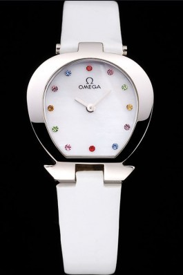 Omega Ladies Watch White Dial With Jewels Stainless Steel Case White Leather Strap 622817