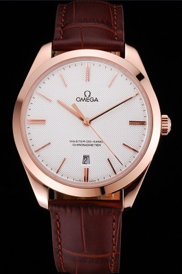Swiss Omega DeVille Tresor White Dial Gold Case Brown Leather Strap 622846