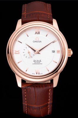 Omega De Ville Prestige Co-Axial White Dial Rose Gold Case Brown Leather Strap Roman Numeral