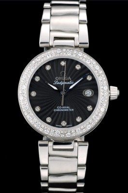 Omega DeVille Top Replica 9120 Ladymatic iamond Plated Bezel Black Dial