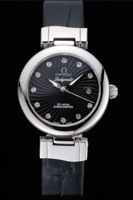 Omega Ladymatic Black Dial Black Leather Bracelet 622458