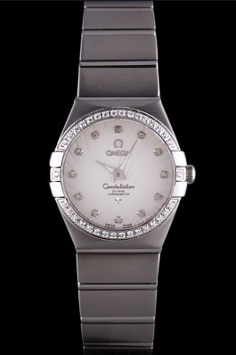 Swiss Lady Omega Constellation Crystal Encrusted Bezel Silver Radial Dial 80291