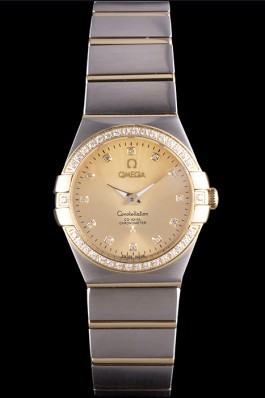 Swiss Lady Omega Constellation Crystal Encrusted Bezel Golden Dial 80293