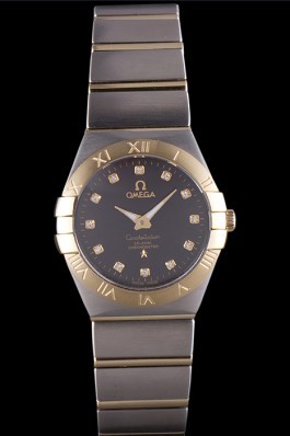 Omega Constellation Gold Bezel Black Dial Stainless Steel Band som86 621466