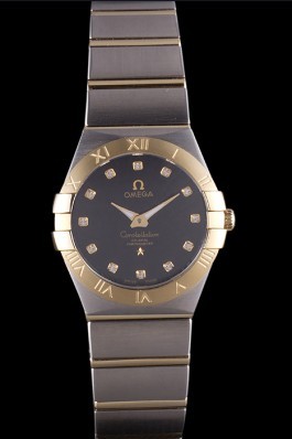 Omega Constellation Gold Bezel Black Dial Stainless Steel Band som87 621467