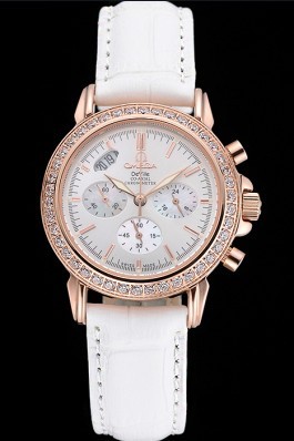 Omega Speedmaster Chronograph White Dial Gold Diamond Case White Leather Bracelet 622455