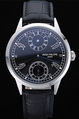 Patek Philippe Geneve Two Dial Black Dial Stainless Steel Bezel Black Leather Band 622145