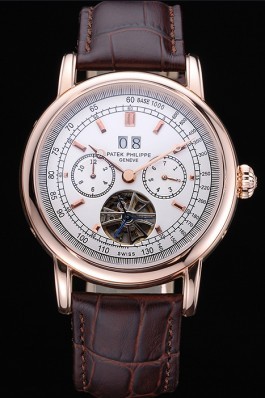Patek Philippe Geneve Grand Complications White Dial Tourbillon Rose Gold Bezel Brown Band 622156