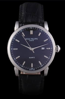 Patek Philipe Calatrava Stainless Steel Ribbed Bezel Black Leather Bracelet 801431
