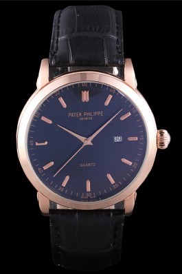 Patek Philipe Calatrava Roze Gold Polished Bezel Black Leather Bracelet 801432