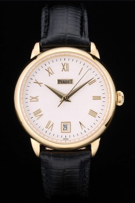 Piaget Swiss Traditional White Checkered Dial Black Leather Strap 7629