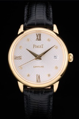 Piaget Swiss Traditional White Radial Pattern Dial Black Leather Strap 7635