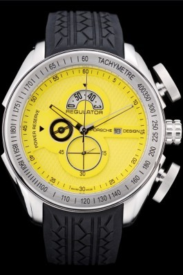 Porsche Top Replica 8669 Black Rubber Strap Regulator Power Reserve Silver Case Yellow Dial