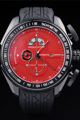 Porsche Top Replica 8666 Black Rubber Strap Regulator Power Reserve Black Case Red Dial