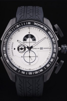 Porsche Top Replica 8665 Black Rubber Strap Regulator Power Reserve Black Case White Dial