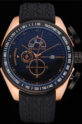 Porsche Top Replica 8667 Black Rubber Strap Regulator Power Reserve Rose Gold Case Black Dial
