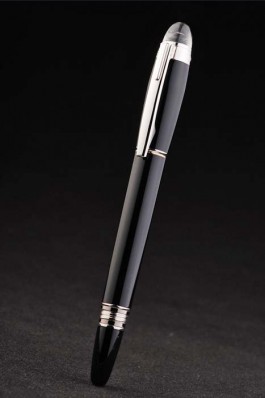 MontBlanc Top Replica 7445 Black Strap Silver Trimmed Thick Rounded Black Enamel Ballpoint Pen With MB Inscribed Cap
