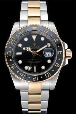 Swiss Rolex GMT Master Yellow Gold Bezel Black Dial 80295