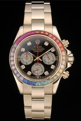 Rolex Daytona Cosmograph Rainbow Crystals Bezel Rose Gold Strap Black Dial 80251