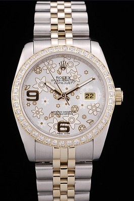 Rolex Top Replica 8782 Silver Stainless Steel Strap DateJust Brushed Stainless Steel Case Silver Flowers Dial Diamonds Plated