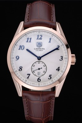 Tag Heuer Carerra Calibre 6 White Dial Blue Numbers Brown Leather Band 622160