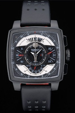 Tag Heuer Monaco Black-Red Perforated Leather Strap Black Dial 80309