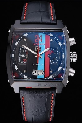 Tag Heuer Monaco Calibre 36 Blue And Red Dial Stripes Dial Black Leather Strap 622272