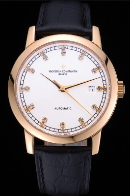 Swiss Vacheron Constantin Patrimony Traditionnelle Gold Case Diamond Numerals Black Leather Bracelet 622559