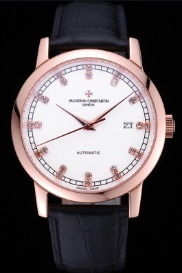 Swiss Vacheron Constantin Patrimony Traditionnelle Rose Gold Case Diamond Numerals Black Leather Bracelet 622560